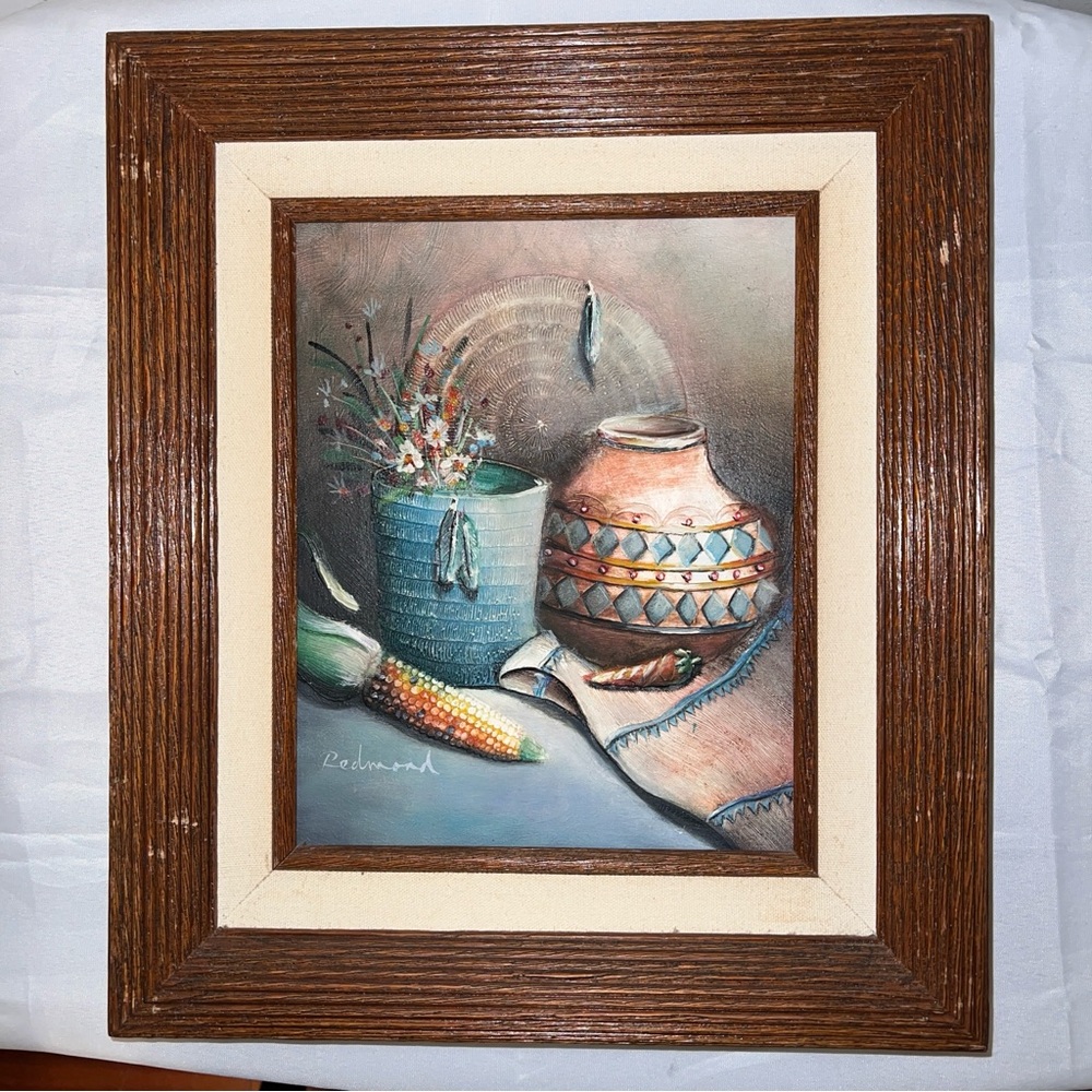 Redmond Native American Still life Oil Painting Canvas Framed Wood Vintage Art